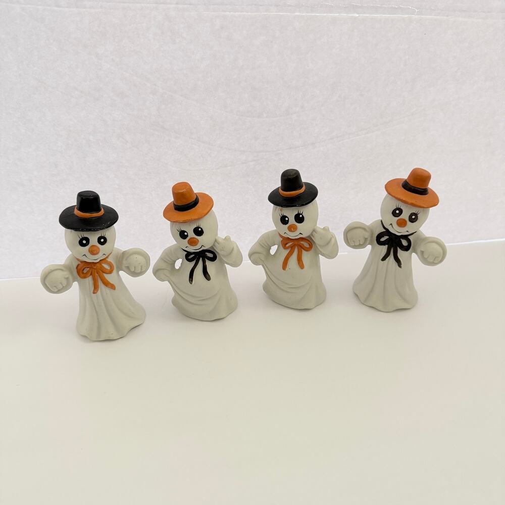 Vintage Halloween Decor Ceramic Ghost Figurines Set of 4 Orange Black Top Hats